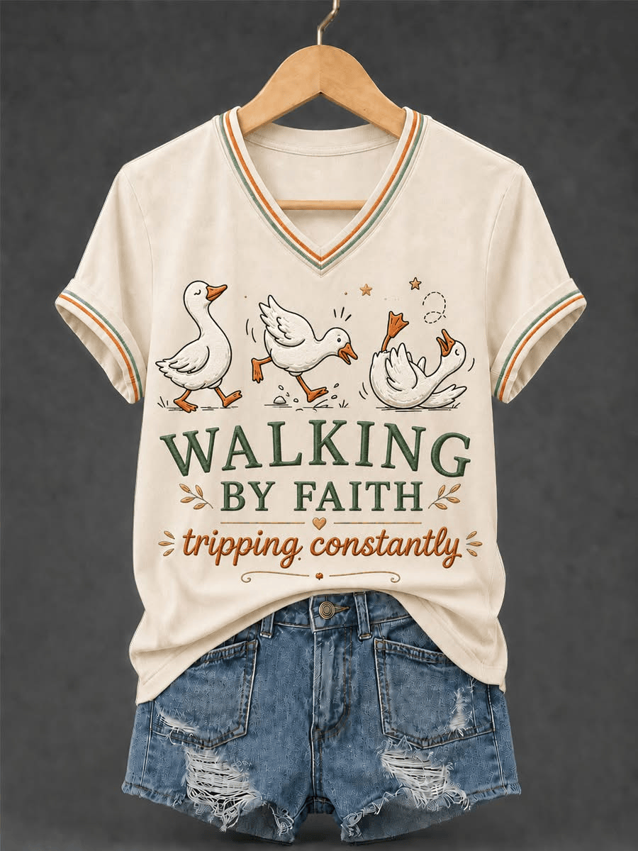 Walking By Faith Vintage Flamingo V-Neck Shirt Floral Christian Religious Shirt Meaningful Gifts