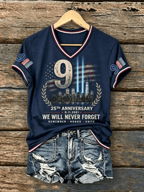 We Will Never Forget 25th Anniversary V-Neck Shirt Emergency Services 2001 Apparel Gift