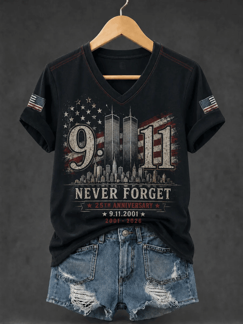 We Will Never Forget 911 25th Anniversary V-Neck Shirt Twin Towers Apparel Best Gifts For Dad