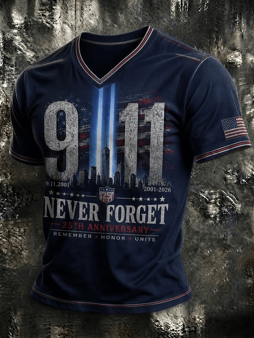 We Will Never Forget 911 25th Anniversary V-Neck Shirt Twin Towers Apparel Gift For Dad