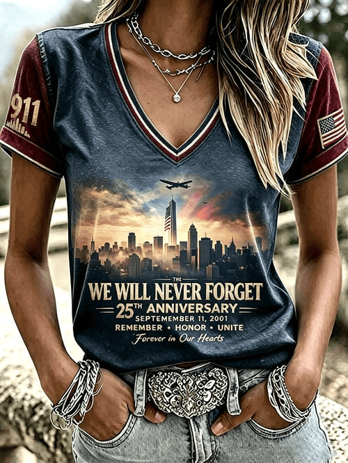 We Will Never Forget 911 25th Anniversary V-Neck Shirt Twin Towers Apparel Gift For Patriots