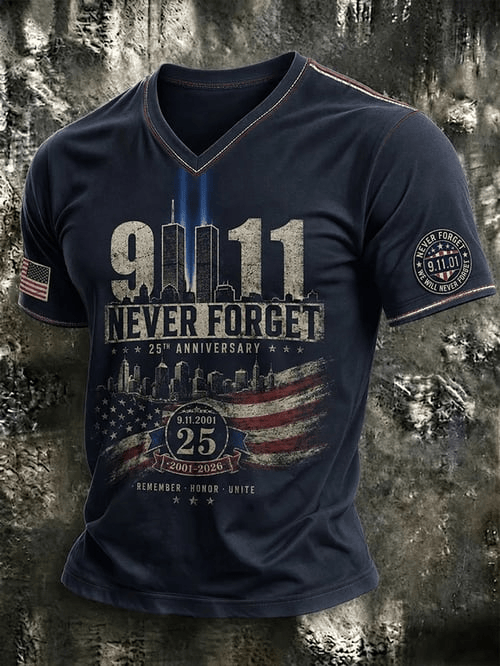 We Will Never Forget 911 25th Anniversary V-Neck Shirt Twin Towers Apparel Gift Ideas For Dad