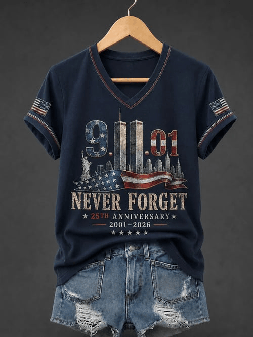 We Will Never Forget 911 25th Anniversary V-Neck Shirt Twin Towers Merch Birthday Gift For Mom