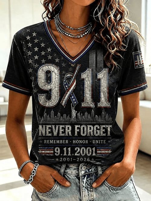 We Will Never Forget 911 25th Anniversary V-Neck Shirt Twin Towers Merch Gifts For Women