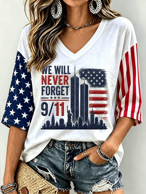 We Will Never Forget Cropped Sleeve V-Neck Shirt American Flag Apparel Gift For Proud Patriots