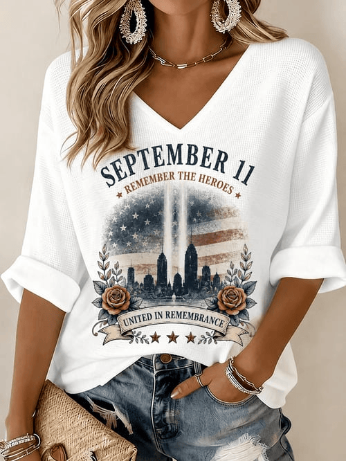 We Will Never Forget Cropped Sleeve V-Neck Shirt United In Remembrance Apparel Gift For Patriots
