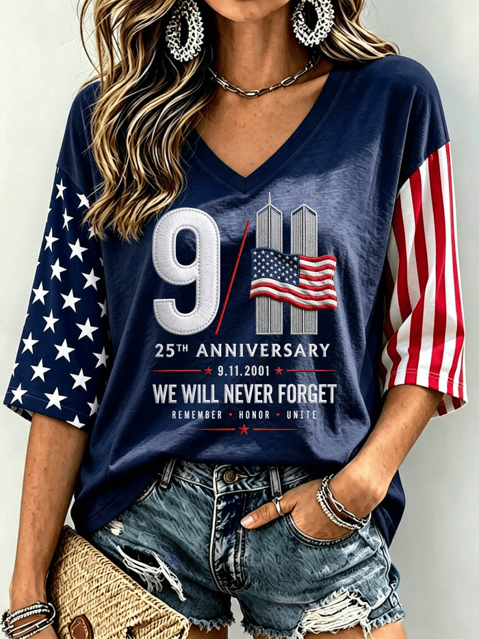 We Will Never Forget Cropped Sleeve V-Neck T-Shirt 9 25th Anniversary Merch Gift Ideas
