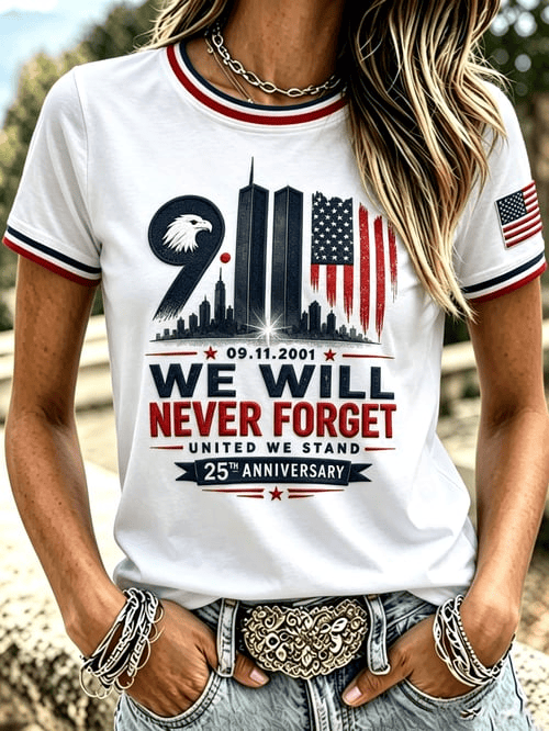 We Will Never Forget Skyline T-Shirt 9-11 25th Anniversary Merch Gift For Never Forget Patriots