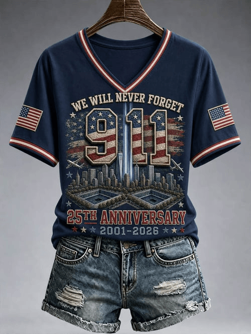 We Will Never Forget V-Neck Shirt 25 Anniversary 2001- 2026 Apparel Gift For American Families