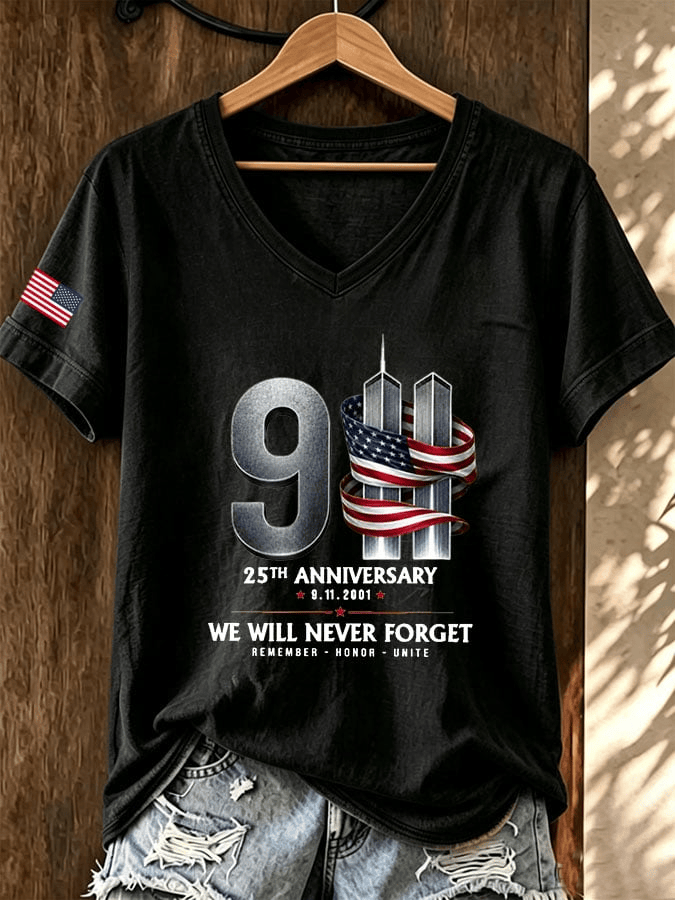 We Will Never Forget V-Neck Shirt 9 25th Anniversary Apparel Gift For 9-11 Survivors
