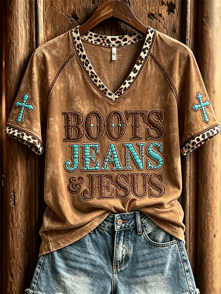 Western Boots And Jeans V-Neck Shirt Cowgirl Cowboy Graphic Tee Unique Gifts For Fans