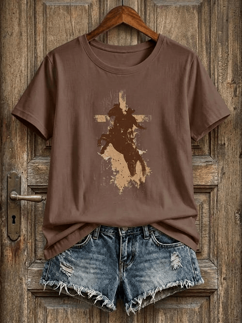 Western Cowboy Riding Horse Christian Cross T-Shirt Cowboy Merch Gift For Country Fans