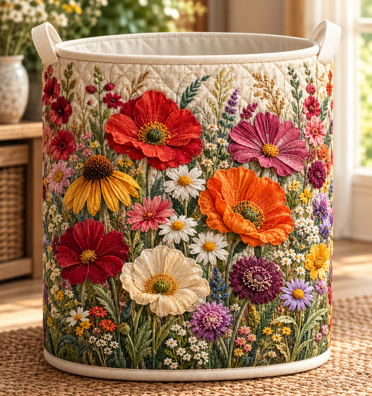 Wildflower Field Quilt Laundry Basket Blossom Meadow Storage Bin Gift For Her