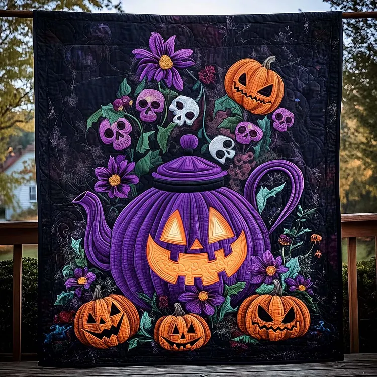 Witch Brew Quilted Blanket Pumpkin Teapot Skulls Merch Halloween Gifts For Sister