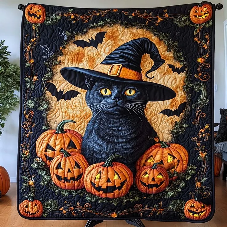Witch Cat Glow Quilted Blanket Black Cat Pumpkins Merch New Home Gift
