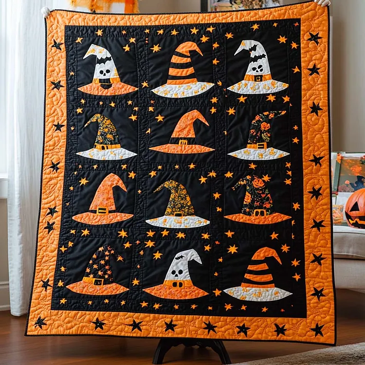 Witch Hat Patch Quilted Blanket Halloween Witch Hats Merch Gift For New Homeowners