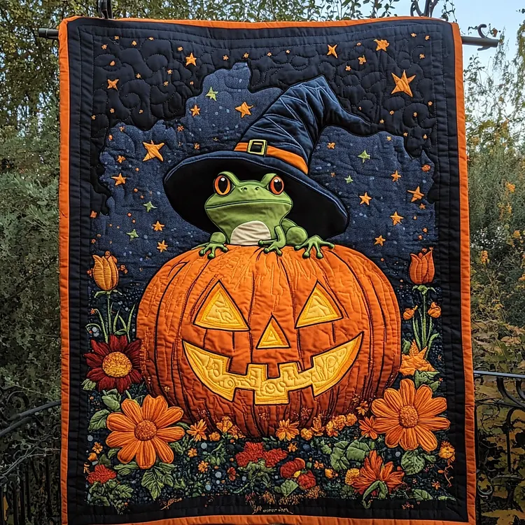 Witching Hour Quilted Blanket Frog Pumpkin Hat Merch Halloween Gifts For Coworker