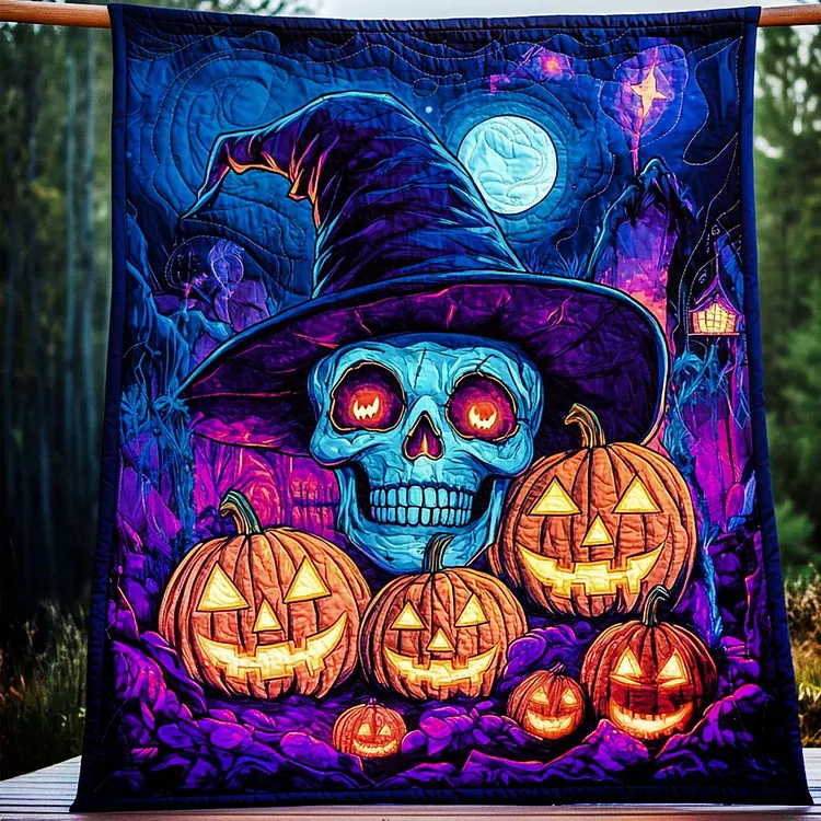Witching Hour Skull Quilted Blanket Skull Witch Pumpkins Merch Halloween Gift Ideas