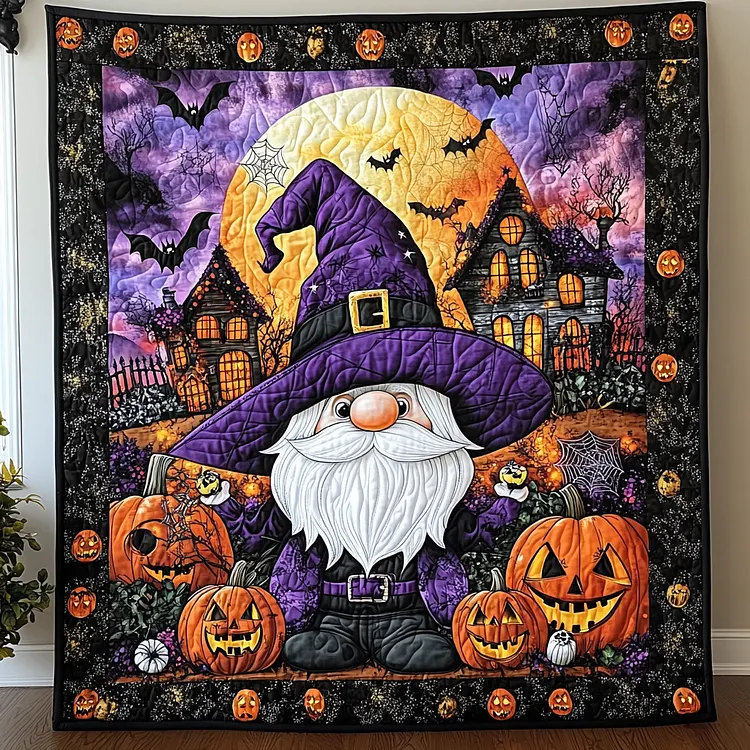 Witchy Gnome Quilted Blanket Gnome Halloween Pumpkins Merch Home Gifts For Her