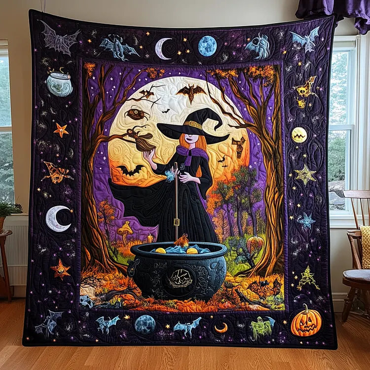Witchy Halloween Magical Night Quilted Witch And Cauldron Merch Home Decor Gift