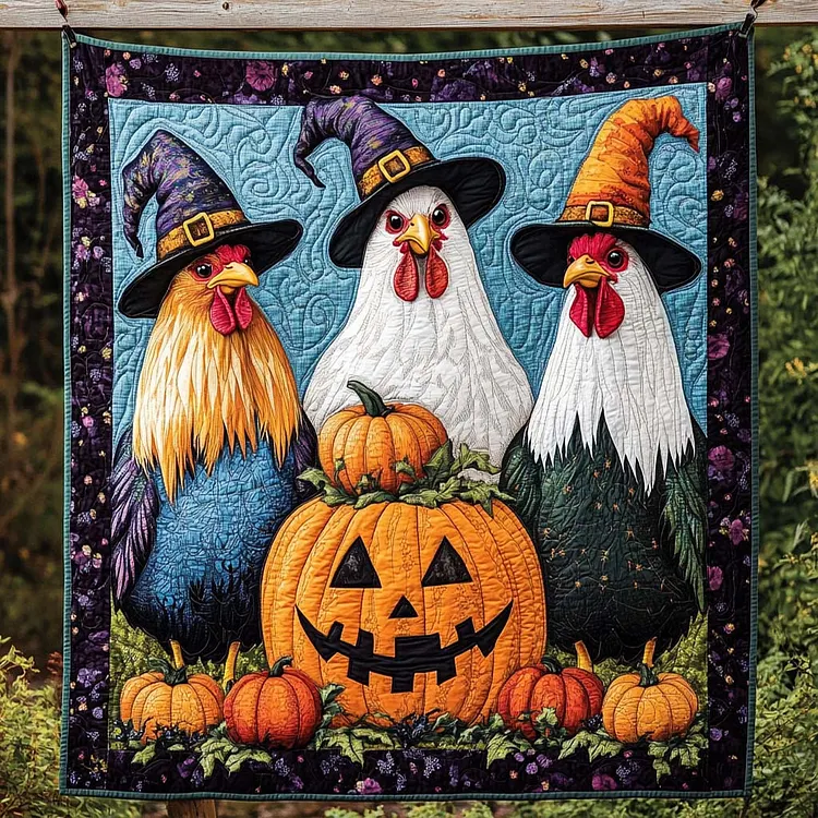 Witchy Hen Gathering Quilted Blanket Halloween Chickens And Pumpkins Merch House Lover Gift