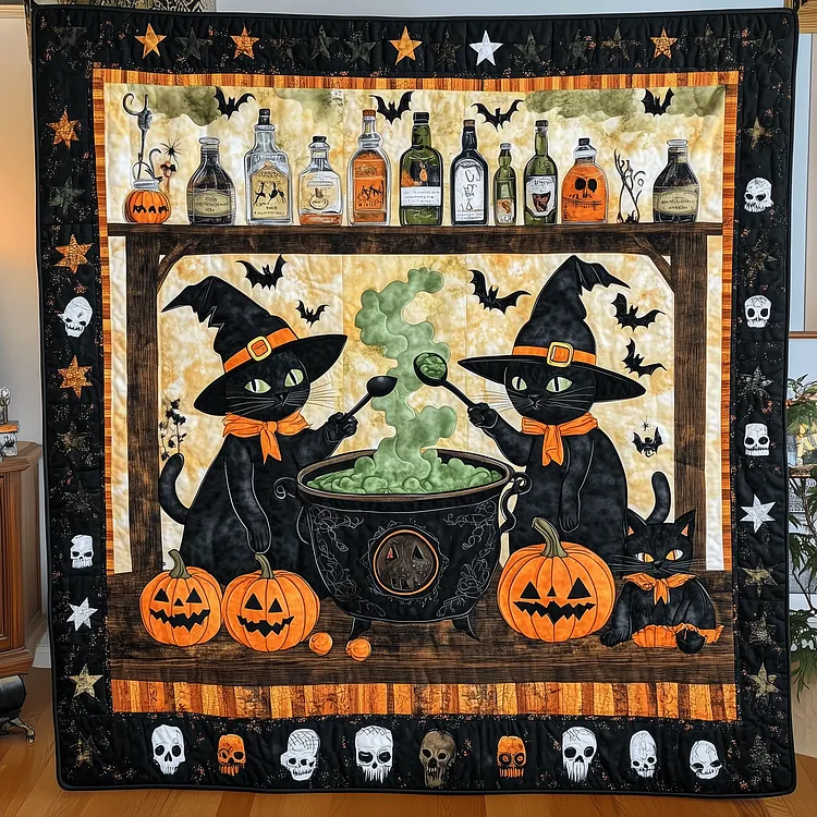 Witchy Paws Quilted Blanket Halloween Black Cats Merch Gift For Home Decor