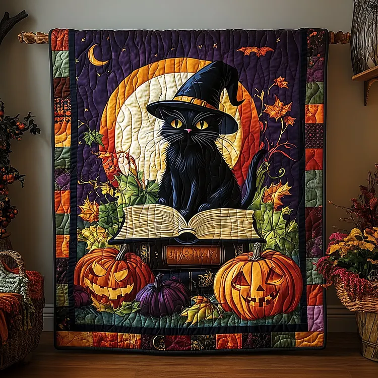Witchy Whiskers Quilted Blanket Black Cat Halloween Merch Halloween Gifts For Girlfriend