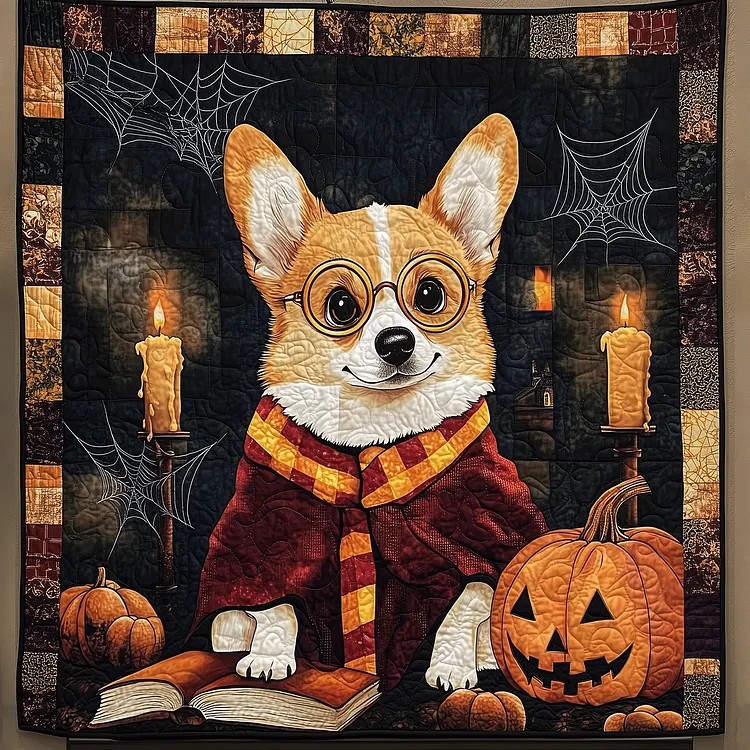 Witchy Woof Quilted Blanket Corgi Halloween Wizard Merch Cute Room Decor