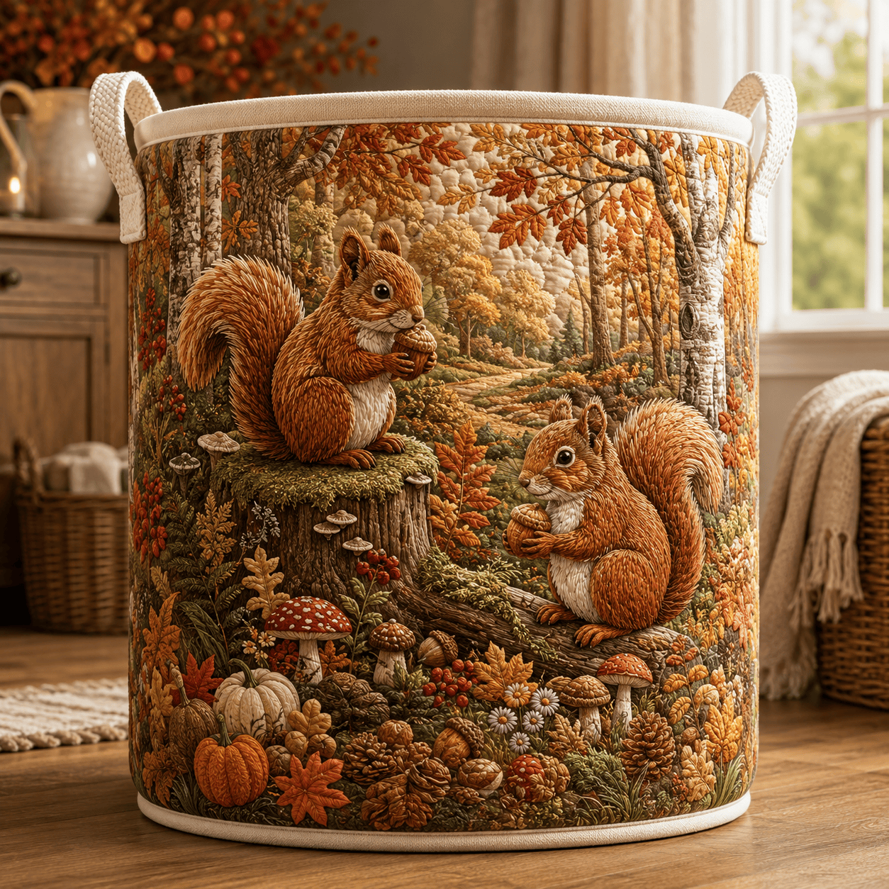 Woodland Squirrel Quilt Laundry Basket Autumn Animal Storage Bin Gift For Her
