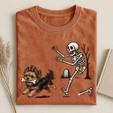 Yorkie Dog Stealing Bone From Skeleton T-Shirt Funny Halloween Clothing Gift For Dog Lovers