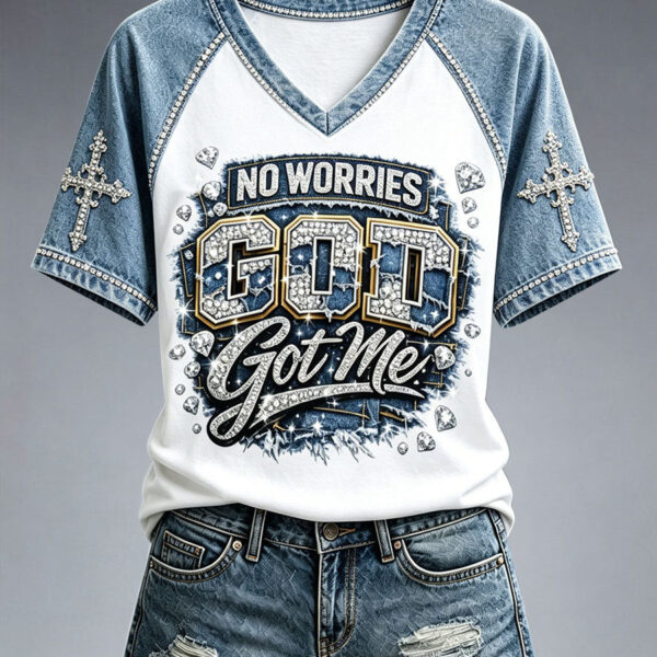 Women's No Worries God Got Me V-Neck Shirt Christian Merch Good Christian Gifts