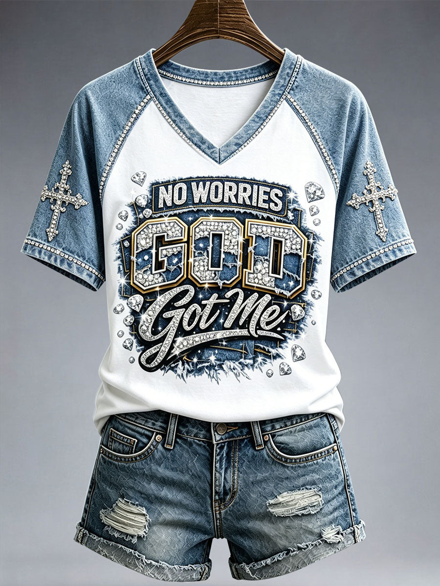 Women's No Worries God Got Me V-Neck Shirt Christian Merch Good Christian Gifts