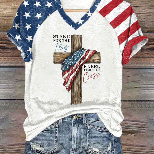 Women's Stand For The Flag Kneel For The Cross American Flag V-Neck Shirt Present Ideas